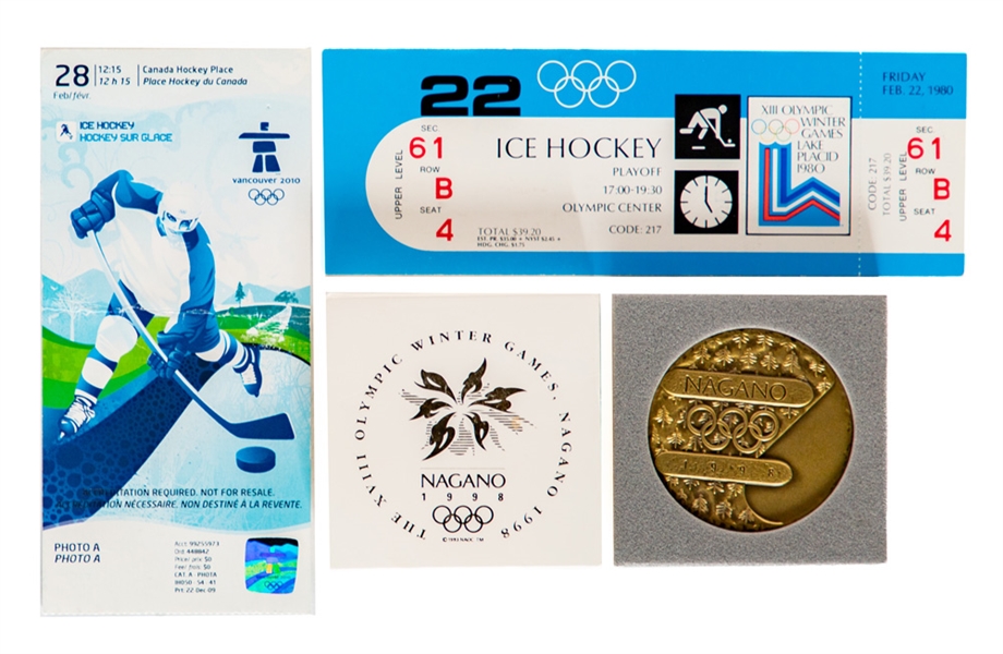 1980 to 2010 Winter Olympics Hockey Tickets (14) Incl. 1980 Feb 22nd USA vs USSR Miracle on Ice Game, 1992 and 2010 Gold Medal Game Tickets Plus 1998 Nagano Winter Olympics Participation Medal 