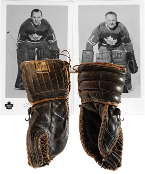 Vintage Mid-to-Late-1960s Kenesky Leather Goalie Worn Glove Attributed to Johnny Bower of the Toronto Maple Leafs