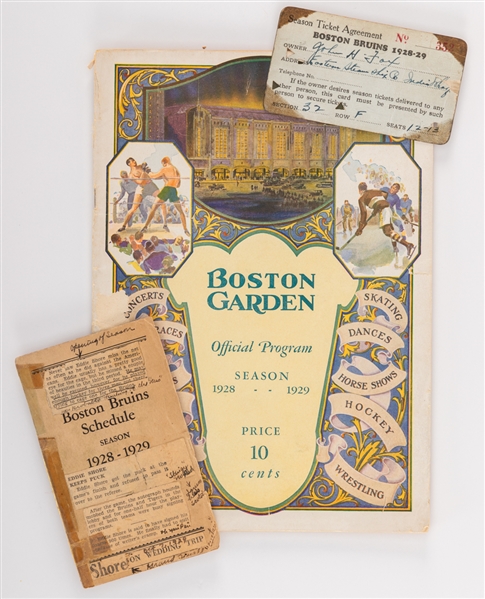 November 20th 1928 Boston Garden Inaugural Season Hockey Program (Bruins vs Canadiens) Plus 1928-29 Boston Bruins Schedule and Season Ticket Pass - Stanley Cup Championship Season!