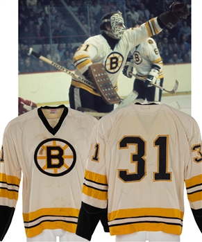 Gerry Cheevers 1975-76 Boston Bruins Game-Worn Jersey - Team Repairs! - Worn in First Game Back as a Bruins in 7-0 Shutout Victory vs Red Wings!