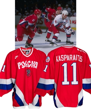 Darius Kasparaitis 1996 World Cup of Hockey Team Russia Game-Worn Jersey from His Personal Collection with His Signed LOA