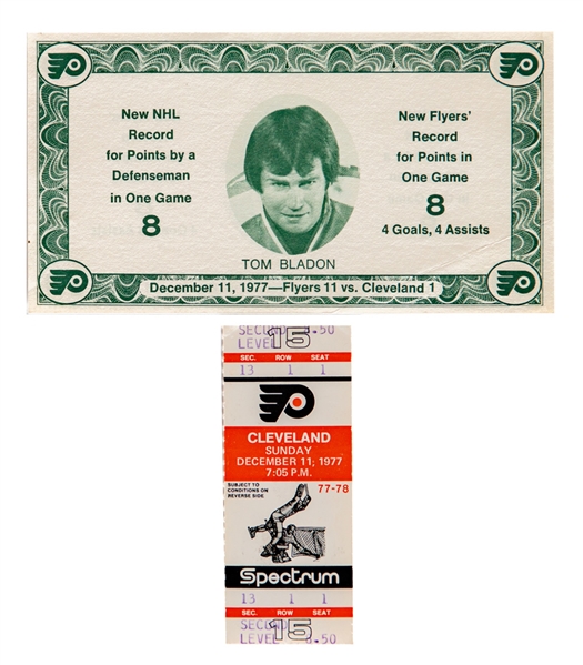 Tom Bladon December 11, 1977 Philadelphia Flyers 8 Point Game Full Ticket and Certificate 