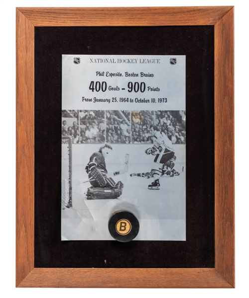 Phil Espositos 1973-74 Boston Bruins "400th NHL Goal - 900th NHL Point" Milestone Puck Display from His Personal Collection with His Signed LOA