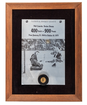 Phil Espositos 1973-74 Boston Bruins "400th NHL Goal - 900th NHL Point" Milestone Puck Display from His Personal Collection with His Signed LOA