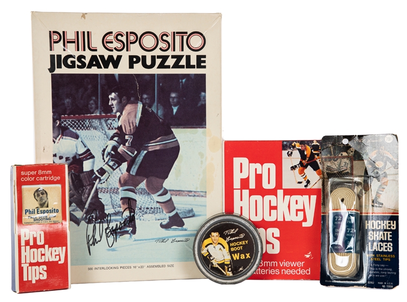 Phil Espositos Boston Bruins Collection Incl. 1970s Signed Jig Saw Puzzle in Box, Endorsed Hockey Boot Wax and Skates Laces & Pro Hockey Tips Viewer from His Personal Collection with His Signed LOA