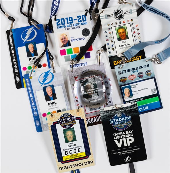 Phil Espositos 2017-18 to 2023-24 Tampa Bay Lightning and NHL Accreditation Pass Collection of 8 from His Personal Collection with His Signed LOA 