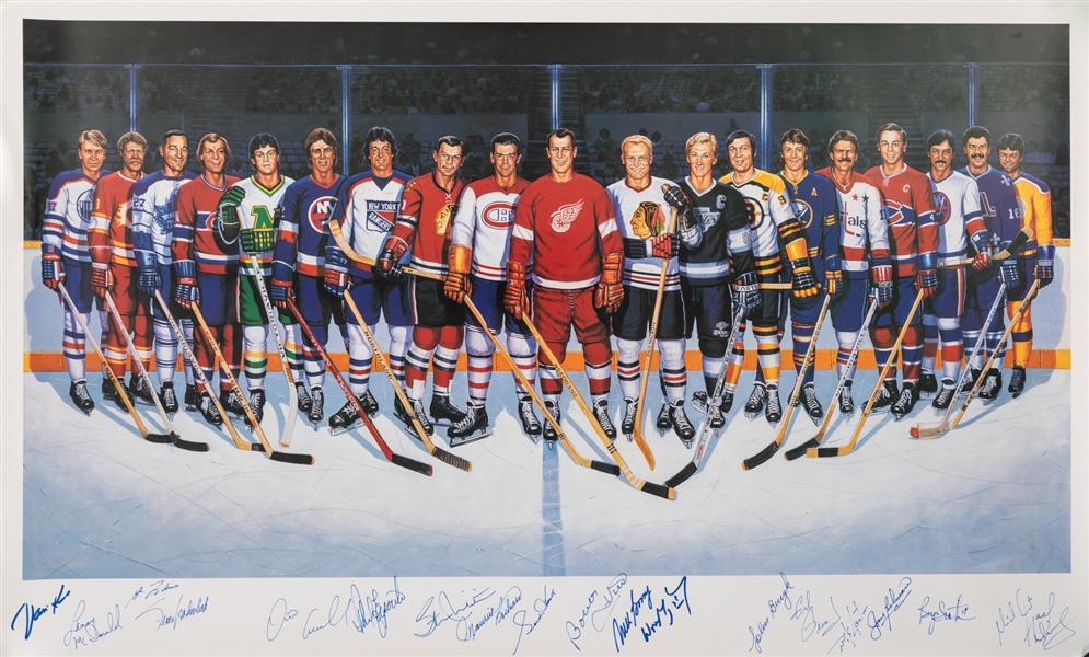 500-Goal Scorers Lithograph Autographed by 19 with Richard, Howe, Beliveau, Lafleur, Gretzky and Others from Phil Espositos Personal Collection with His Signed LOA (23" x 37")