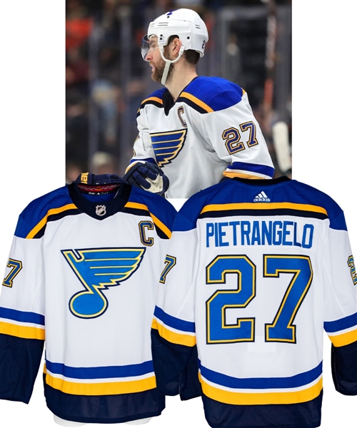 Alex Pietrangelos 2019-20 St Louis Blues Game-Worn Captains Jersey with Team COA - Team Repairs! - Photo-Matched!