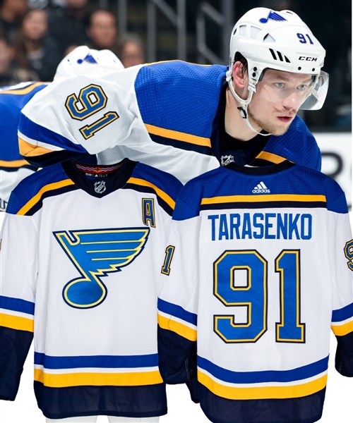 Vladimir Tarasenkos 2018-19 St. Louis Blues Game-Worn Alternate Captains Jersey with Team COA - Photo-Matched!