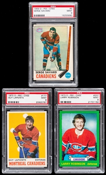 1969-70, 1970-71 and 1973-74 O-Pee-Chee The Big Three Hockey Rookie Cards of HOFers #4 Serge Savard, #177 Guy Lapointe and #237 Larry Robinson - Each Graded PSA MINT 9!