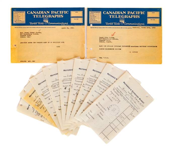 Deceased HOFer King Clancy 1944-45 Signed Referees Expense Sheets (9) Plus Telegrams (2) 