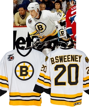 Bob Sweeneys 1991-92 Boston Bruins Game-Worn Jersey with MeiGray LOA & COR - NHL 75th Patch! - Team Repairs!