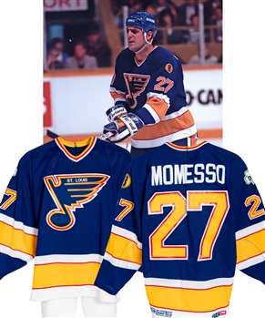 Sergio Momessos 1988-89 St. Louis Blues Game-Worn Jersey - Team Repairs! -  Barcley Plager and Dan Kelly Memorial  Patches!