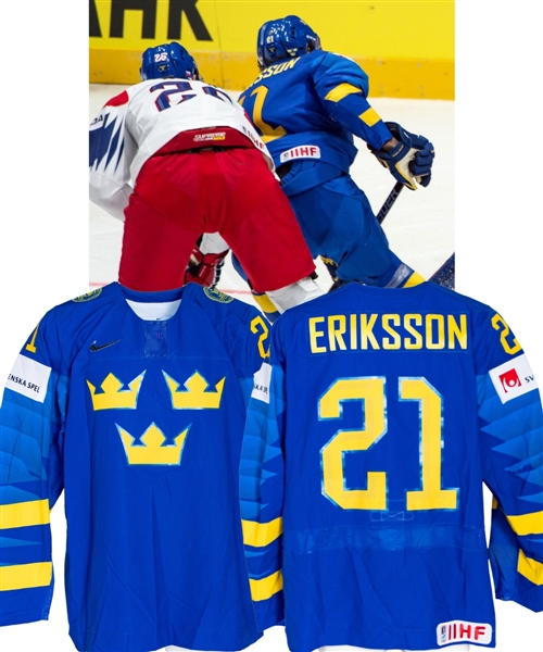 Loui Erikssons 2019 IIHF World Championship Team Sweden Game-Worn Jersey with Swedish Ice Hockey Association LOA - Nice Wear! - Photo-Matched!