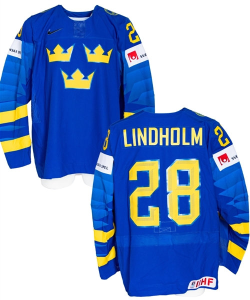 Elias Lindholms 2019 IIHF World Championship Team Sweden Game-Worn Jersey with Swedish Ice Hockey Association LOA - 