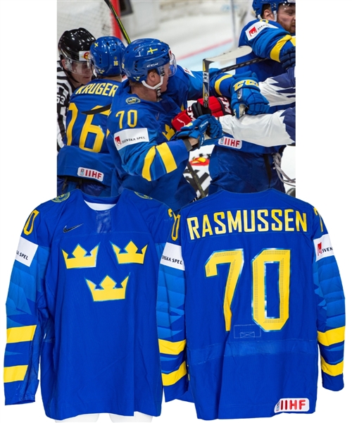 Dennis Rasmussens 2019 IIHF World Championship Team Sweden Game-Worn Jersey with Swedish Ice Hockey Association LOA - Photo-Matched!