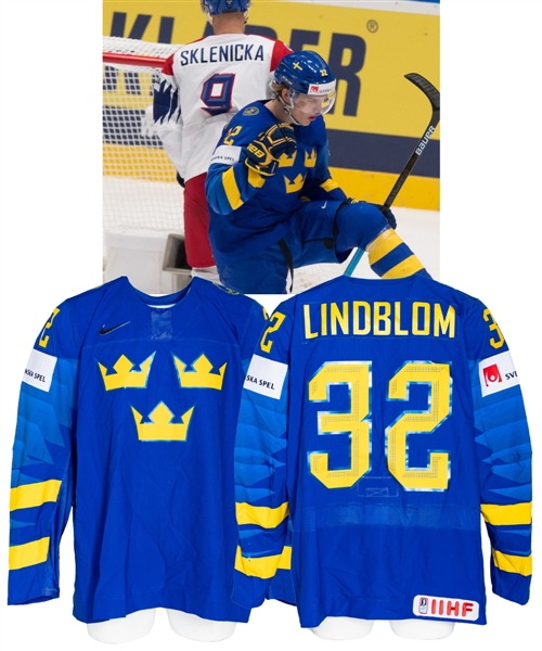 Oskar Lindbloms 2019 IIHF World Championship Team Sweden Game-Worn Jersey with Swedish Ice Hockey Association LOA - Photo-Matched!