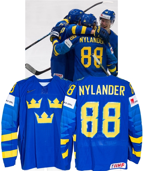 William Nylanders 2019 IIHF World Championship Team Sweden Game-Worn Jersey with Swedish Ice Hockey Association LOA - Tournament Leading Scorer! - Photo-Matched!