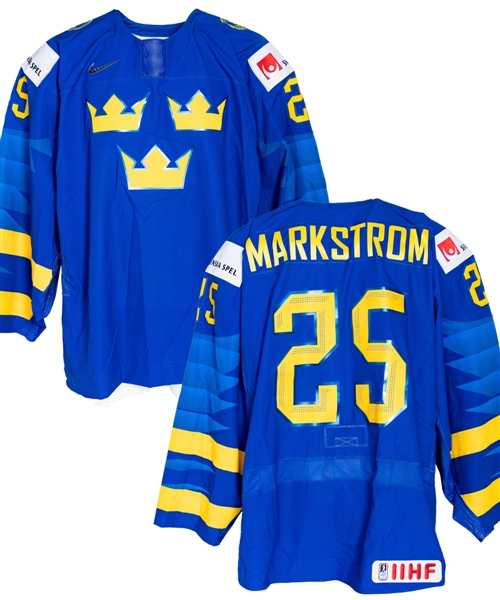 Jacob Markstroms 2019 IIHF World Championship Team Sweden Game-Issued Jersey with Swedish Ice Hockey Association LOA