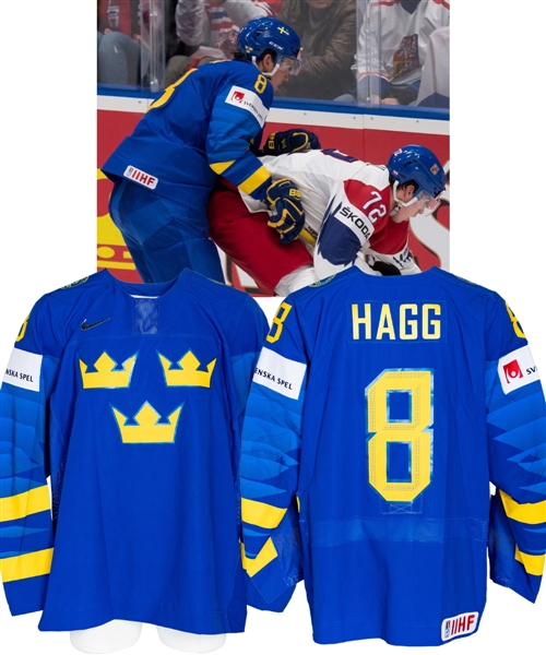 Robert Haggs 2019 IIHF World Championship Team Sweden Game-Worn Jersey with Swedish Ice Hockey Association LOA - Photo-Matched!