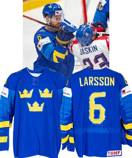 Adam Larssons 2019 IIHF World Championship Team Sweden Game-Worn Jersey with Swedish Ice Hockey Association LOA - Photo-Matched!