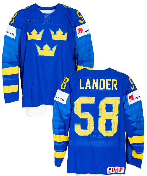 Anton Landers 2019 IIHF World Championship Team Sweden Game-Worn Jersey with Swedish Ice Hockey Association LOA