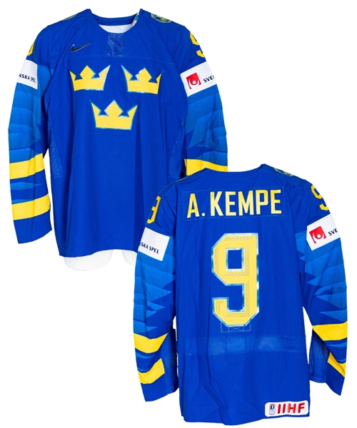 Adrian Kempes 2019 IIHF World Championship Team Sweden Game-Worn Jersey with Swedish Ice Hockey Association LOA 