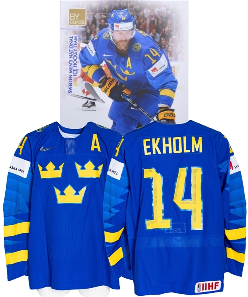 Mattias Ekholms 2019 IIHF World Championship Team Sweden Game-Worn Alternate Captains Jersey with Swedish Ice Hockey Association LOA - Photo-Matched!