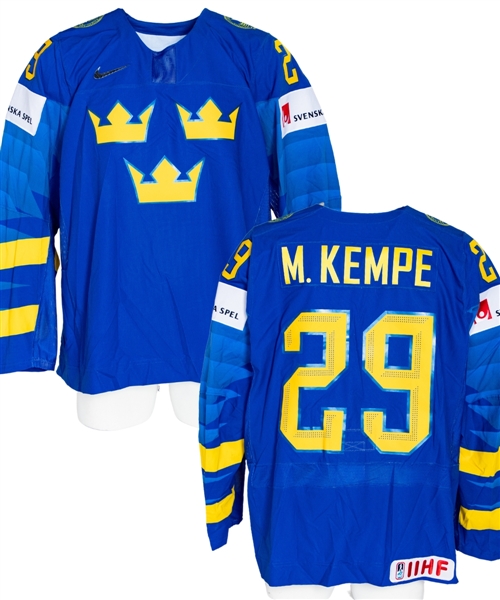 Mario Kempes 2019 IIHF World Championship Team Sweden Game-Worn Jersey with Swedish Ice Hockey Association LOA - Nice Game Wear!