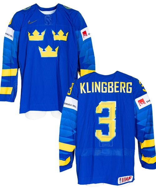 John Klingbergs 2019 IIHF World Championship Team Sweden Game-Issued Jersey with Swedish Ice Hockey Association LOA