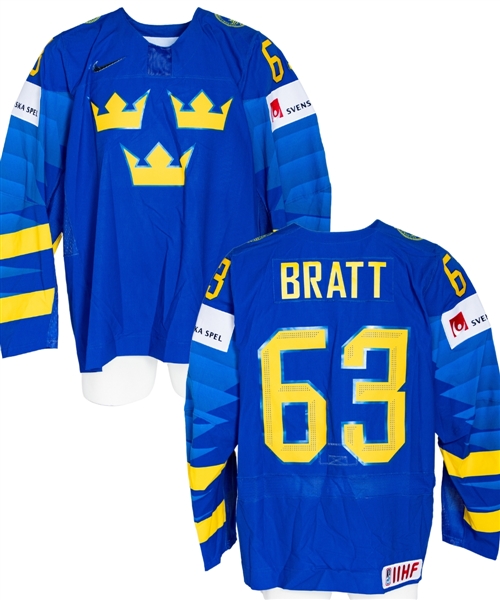 Jesper Bratts 2019 IIHF World Championship Team Sweden Game-Worn Jersey with Swedish Ice Hockey Association LOA 