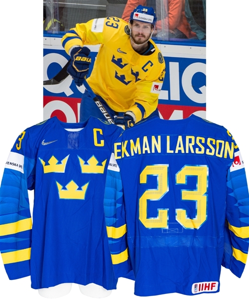 Oliver Ekman-Larssons 2019 IIHF World Championship Team Sweden Game-Worn Captains Jersey with Swedish Ice Hockey Association LOA