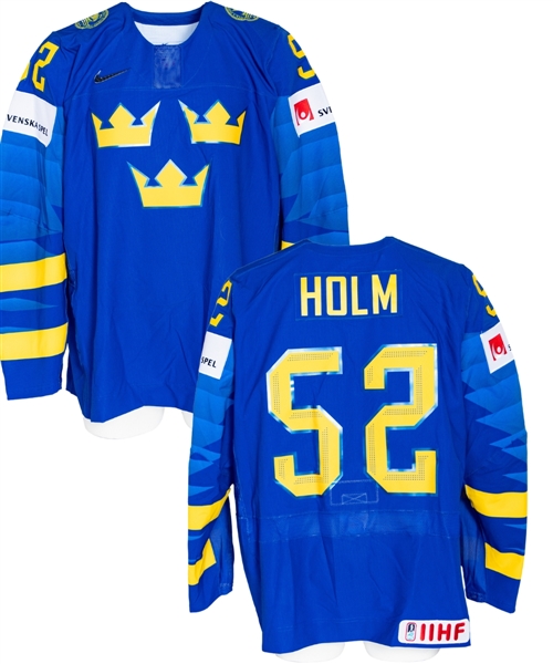 Philip Holms 2019 IIHF World Championship Team Sweden Game-Issued Jersey with Swedish Ice Hockey Association LOA 