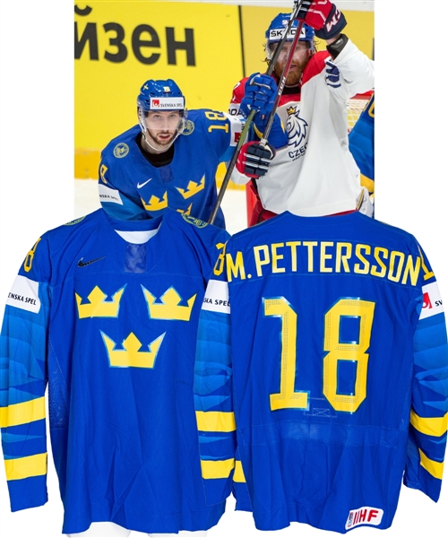 Marcus Petterssons 2019 IIHF World Championship Team Sweden Game-Worn Jersey with Swedish Ice Hockey Association LOA - Nice Wear!