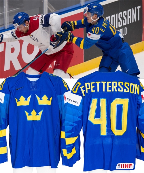 Elias Petterssons 2019 IIHF World Championship Team Sweden Game-Worn Jersey with Swedish Ice Hockey Association LOA 