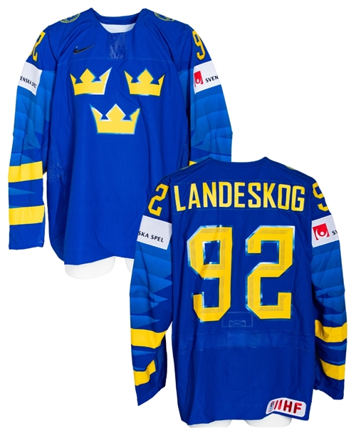 Gabriel Landeskogs 2019 IIHF World Championship Team Sweden Game-Issued Jersey with Swedish Ice Hockey Association LOA 