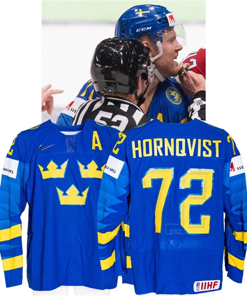 Patric Hornqvists 2019 IIHF World Championship Team Sweden Game-Worn Alternate Captains Jersey with Swedish Ice Hockey Association LOA - Photo-Matched!