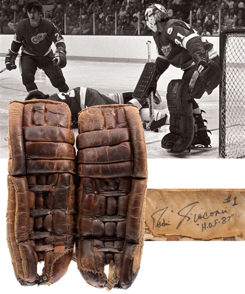 Ed Giacomins 1975-76 Detroit Red Wings Signed Game-Worn Kenesky Goalie Pads with Great Provenance - Numerous Repairs! - Photo-Matched!