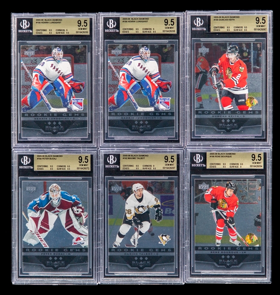 2005-06 Upper Deck Black Diamond Rookie Gems Triple Beckett-Graded Hockey Cards (19) Including #156 Henrik Lundqvist (2 - Each GEM MINT 9.5)