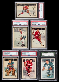 1953-54 Parkhurst Hockey Complete 100-Card Set with PSA-Graded Cards (5) Incl. #24 Richard (EX 5), #27 Beliveau RC (EX 5), #50 Howe (EX 5) & #53 Worsley RC (EX+ 5.5) Plus #13 Horton (SGC NM-MT 8)