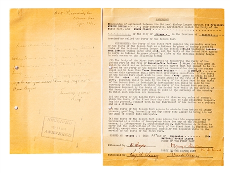 Deceased HOFer King Clancy Signed 1944-45 NHL Referees Contract and Signed Letters (2) 
