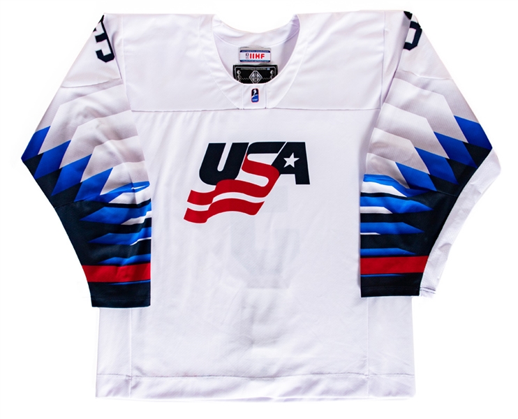 Isaac Howards 2022 IIHF U18 World Championships Team USA Game-Worn Jersey with USA Hockey LOA - Photo-Matched!