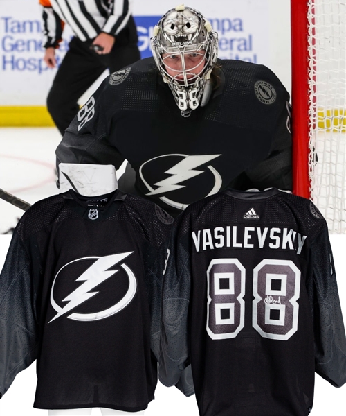 Andrei Vasilevskiys 2021-22 Tampa Bay Lightning Signed Game-Worn Third Jersey with Team COA - Photo-Matched!