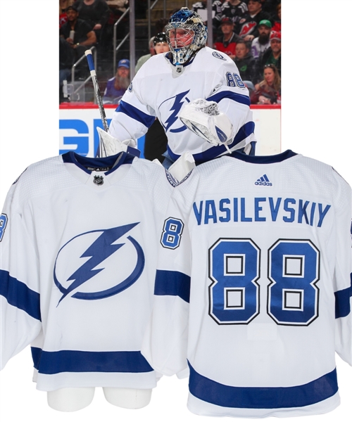 Andrei Vasilevskiys 2022-23 Tampa Bay Lightning Game-Worn Jersey with Team LOA - Photo-Matched!