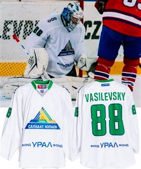 Andrei Vasilevskiys 2013-14 KHL Salavat Yulaev Ufa Signed Game-Worn Jersey - Worn During 2013 Prague Hockey Cup! - Nice Game Wear!