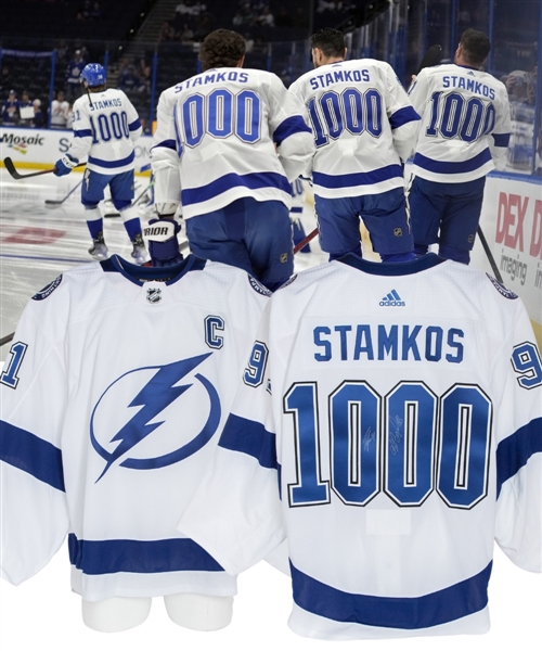 Andrei Vasilevskiys 2022-23 Tampa Bay Lighting "April 6th, 2023 - Stamkos 1000 Games" Dual-Signed Warm-Up Worn Jersey with Team COA