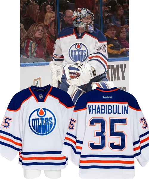 Nikolai Khabibulins 2012-13 Edmonton Oilers Game-Worn Retro Jersey with LOA - Photo-Matched!