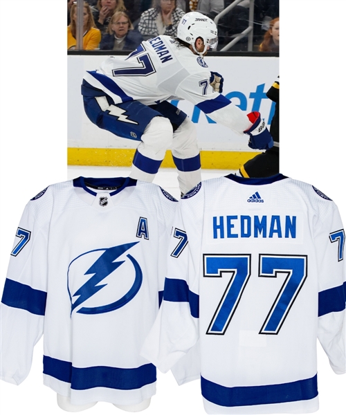 Victor Hedmans 2022-23 Tampa Bay Lightning Game-Worn Alternate Captains Jersey with Team COA - Team Repairs! - Photo-Matched! 