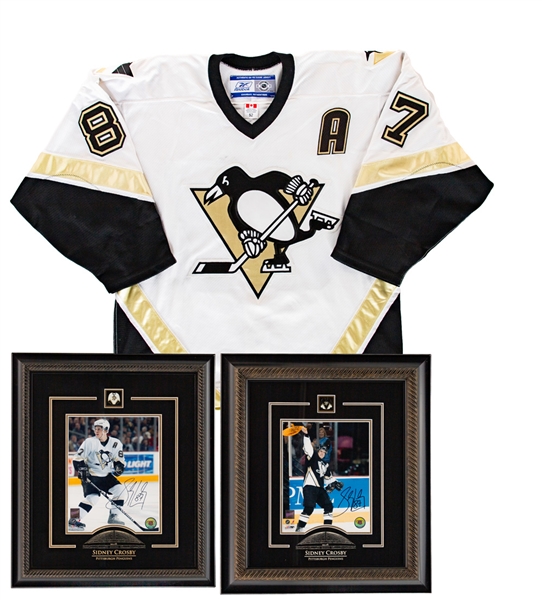 Sidney Crosby Signed Framed Pittsburgh Penguins Photo Displays (2) Plus Penguins Alternate Captains Replica Jersey 