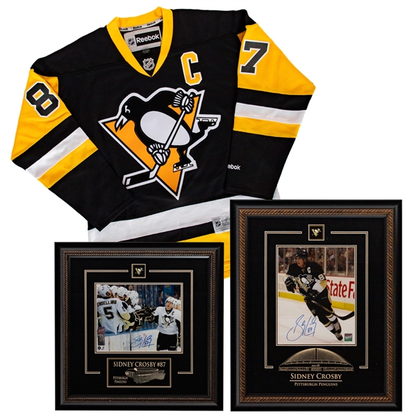 Sidney Crosby Signed Pittsburgh Penguins Framed Photo Displays (2) with Frameworth COAs Plus Reebok Penguins Replica Captains Jersey  